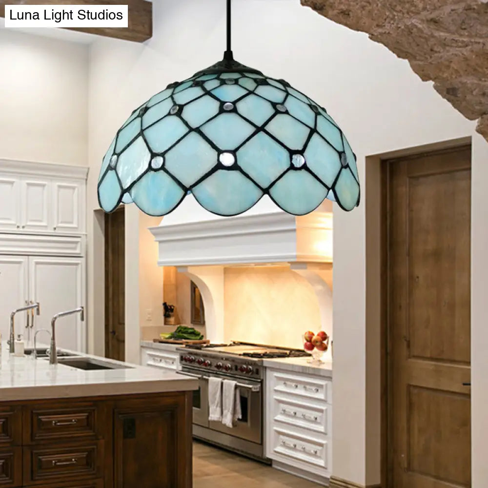 Mediterranean Blue Glass Jewel Hanging Light Fixture - 1-Light Suspension Pendant For Kitchen Island