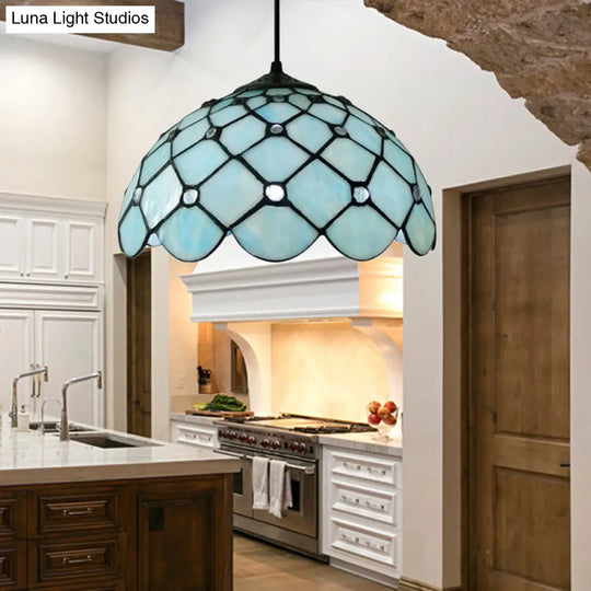 Mediterranean Blue Glass Jewel Hanging Light Fixture - 1-Light Suspension Pendant For Kitchen Island