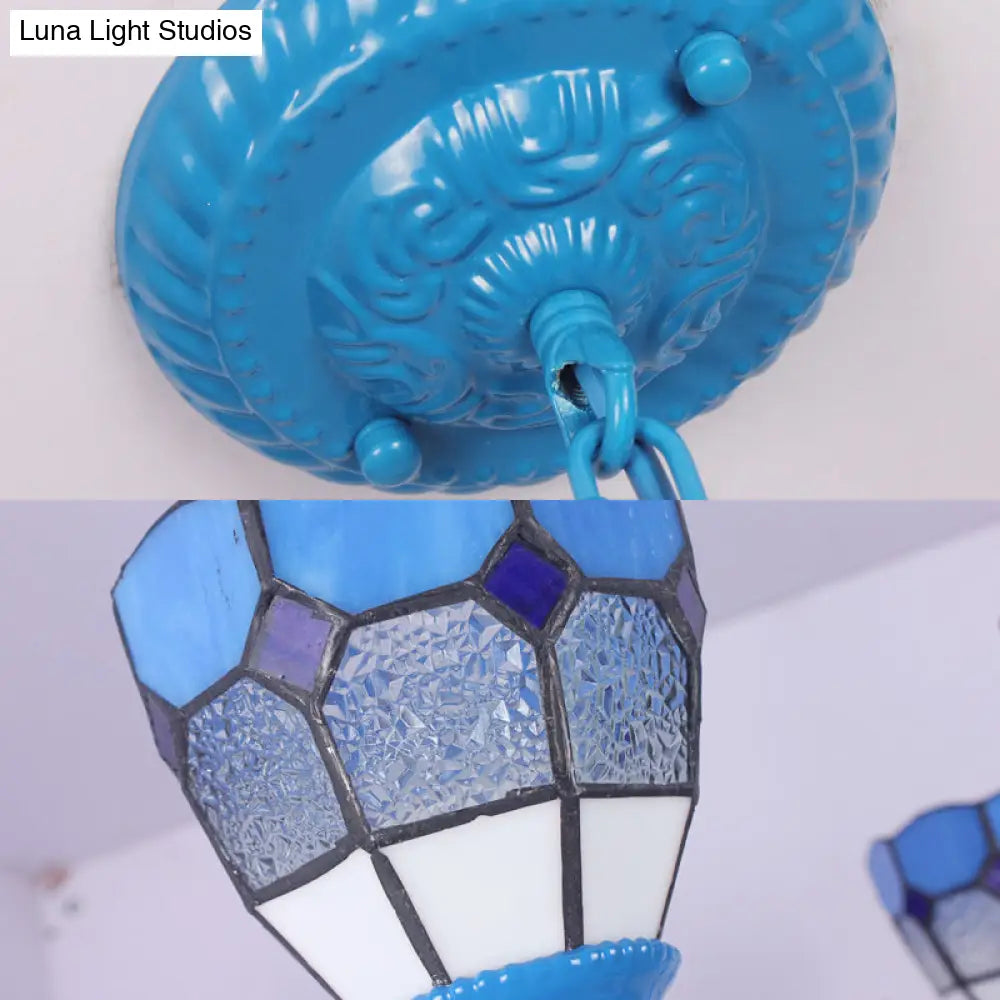 Mediterranean Blue Glass Pendant Lamp With 12’ Metal Chain - 3-Light Hanging Light Dome