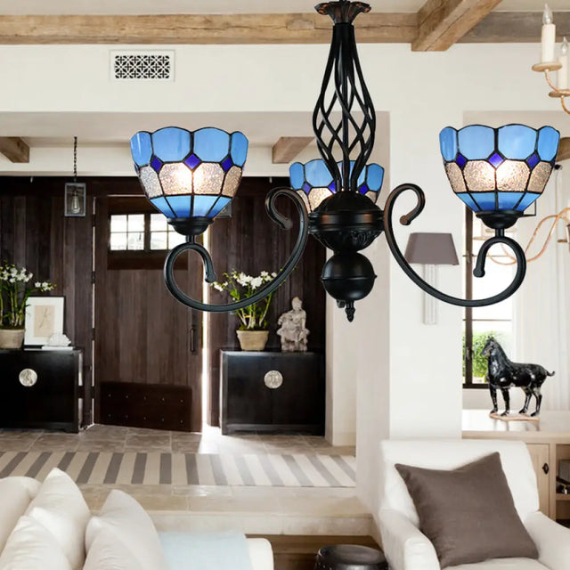 Mediterranean Bowl Pendant Light: Curved Arm Blue Glass 3 Lights - Foyer Chandelier