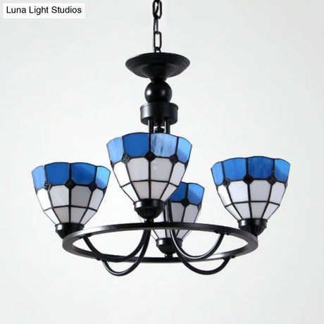 Mediterranean Chandelier Blue Glass Ceiling Light With 4 Hanging Lights For Bedroom