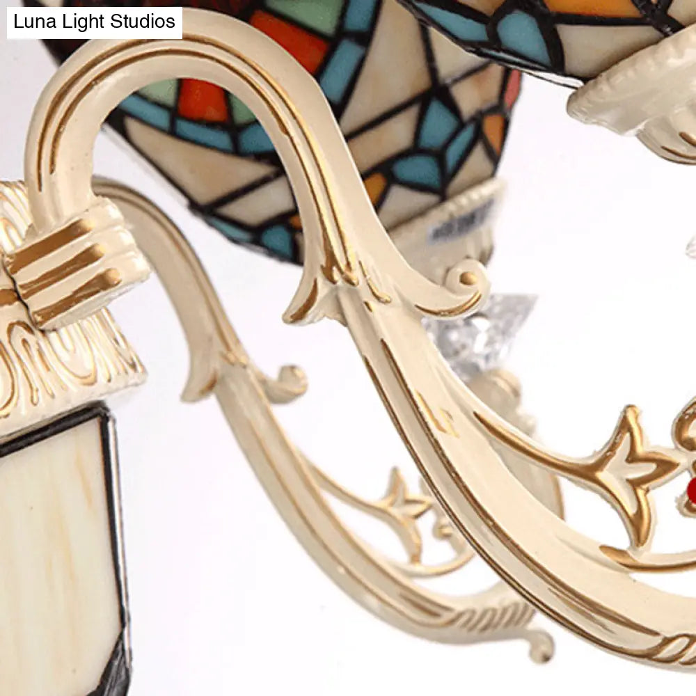 Mediterranean Cream 6-Light Ceiling Chandelier With Stained Glass Shade For Living Room