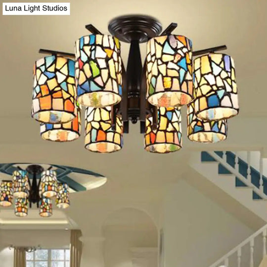 Mediterranean Cylinder Glass Ceiling Mount - Semi Flush Light (6/8 Lights) In Black For Living Room