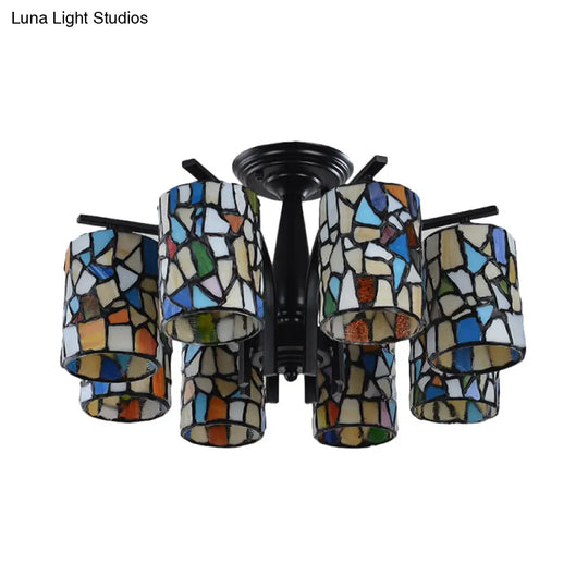 Mediterranean Cylinder Glass Ceiling Mount - Semi Flush Light (6/8 Lights) In Black For Living Room