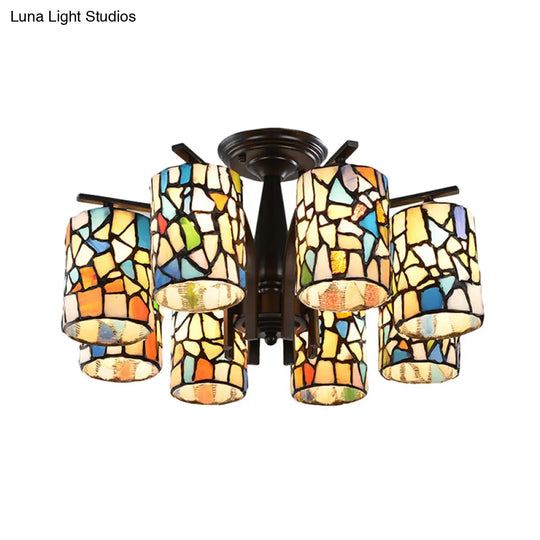 Mediterranean Cylinder Glass Ceiling Mount - Semi Flush Light (6/8 Lights) In Black For Living Room