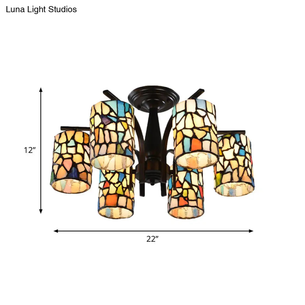 Mediterranean Cylinder Glass Ceiling Mount - Semi Flush Light (6/8 Lights) In Black For Living Room