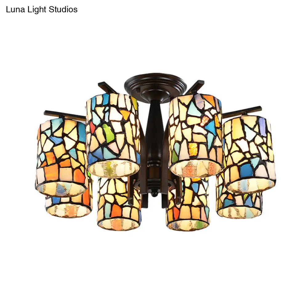 Mediterranean Cylinder Glass Ceiling Mount - Semi Flush Light (6/8 Lights) In Black For Living Room