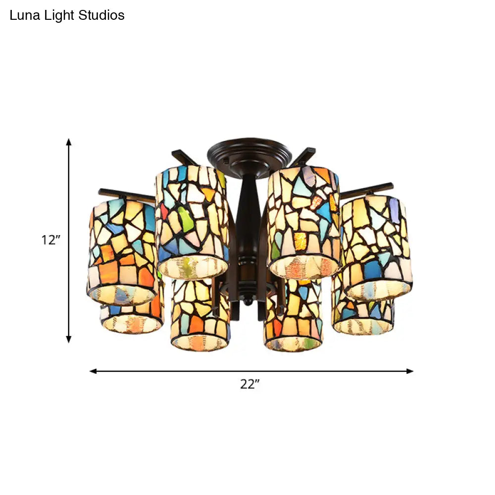 Mediterranean Cylinder Glass Ceiling Mount - Semi Flush Light (6/8 Lights) In Black For Living Room