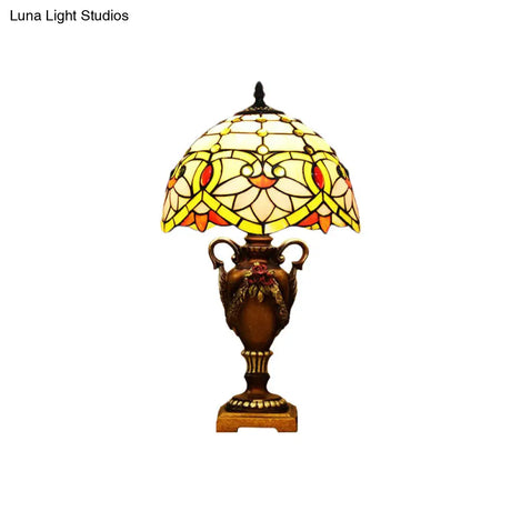 Mediterranean Desk Lamp: Hand-Cut Glass Blossom Pattern Night Light In Yellow/Green With Trophy Base