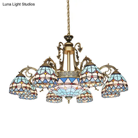 Mediterranean Dome Stained Glass Hanging Lamp in Blue 9/11 Lights Chandelier Fixture