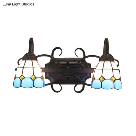 Mediterranean Dome Stained Glass Vanity Lighting: 2-Head Wall Sconce For Bathroom