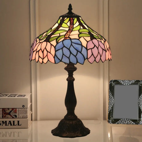 Mediterranean Dragonfly/Star/Tulip Stained Glass Table Lamp In Bronze For Bedside / Flower