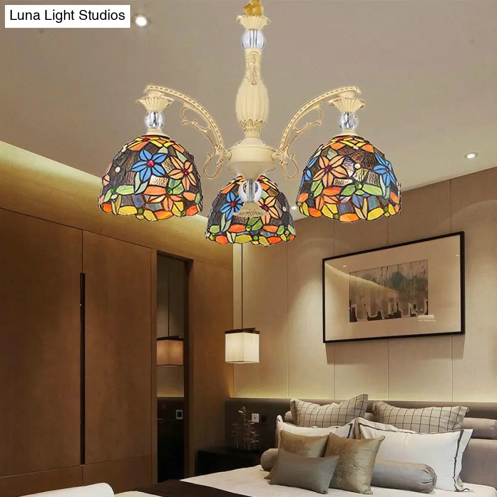 Mediterranean Floral Chandelier Lighting - 6/9/11 Lights Stained Glass Pendant Light Kit (Orange)