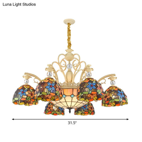 Mediterranean Floral Chandelier Lighting - 6/9/11 Lights Stained Glass Pendant Light Kit (Orange)