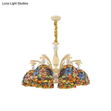 Mediterranean Floral Chandelier Lighting - 6/9/11 Lights Stained Glass Pendant Light Kit (Orange)