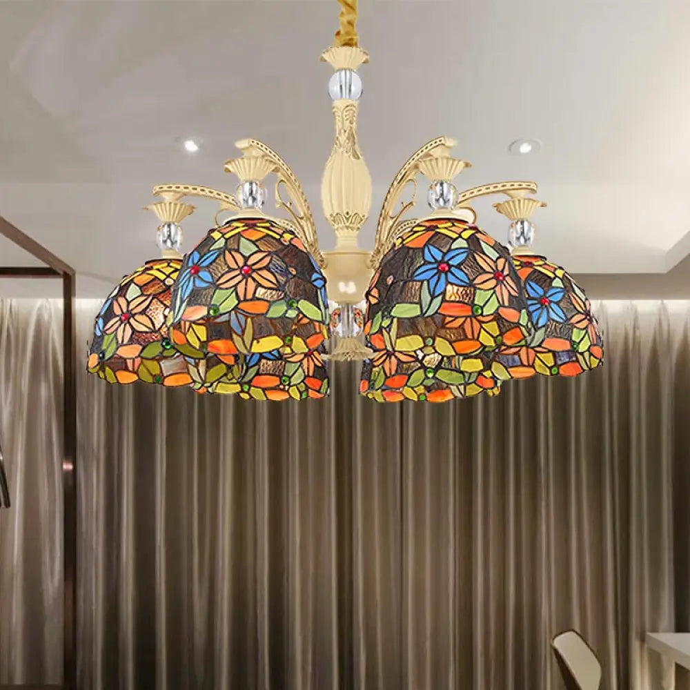 Mediterranean Floral Chandelier Lighting - 6/9/11 Lights Stained Glass Pendant Light Kit (Orange) 6 / Orange