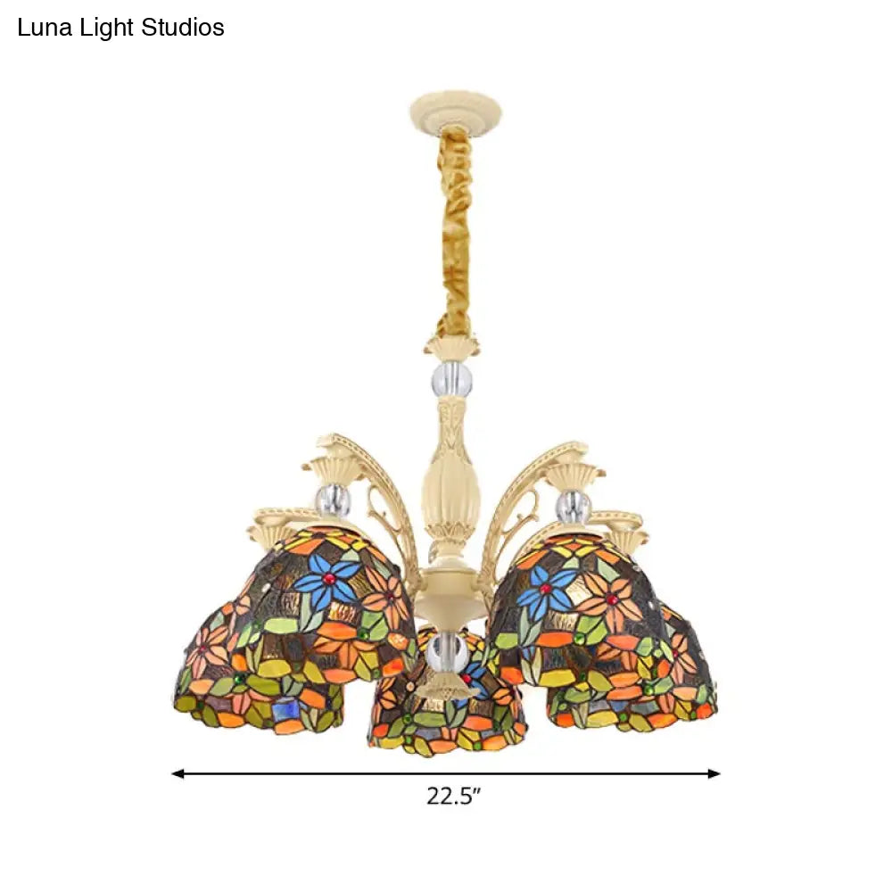 Mediterranean Floral Chandelier Lighting - 6/9/11 Lights Stained Glass Pendant Light Kit (Orange)