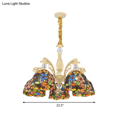 Mediterranean Floral Chandelier Lighting - 6/9/11 Lights Stained Glass Pendant Light Kit (Orange)