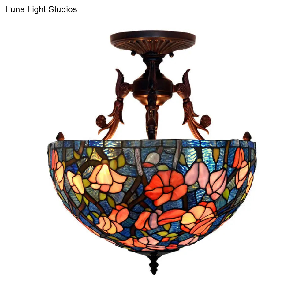 Mediteranean Flower Stained Glass Ceiling Light - 3-Light Semi Flush For Bedroom Blue