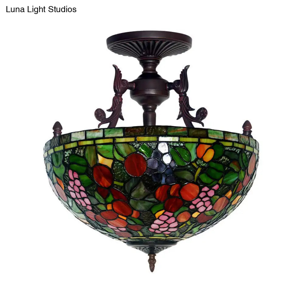 Mediteranean Flower Stained Glass Ceiling Light - 3-Light Semi Flush For Bedroom