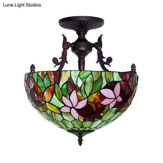 Mediteranean Flower Stained Glass Ceiling Light - 3-Light Semi Flush For Bedroom