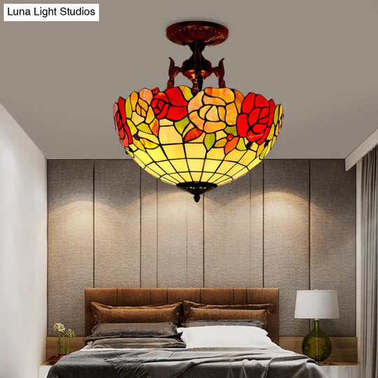 Mediteranean Flower Stained Glass Ceiling Light - 3-Light Semi Flush For Bedroom Yellow
