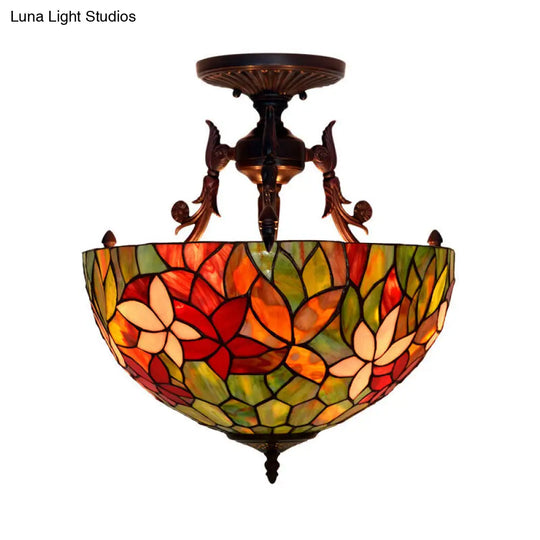 Mediteranean Flower Stained Glass Ceiling Light - 3-Light Semi Flush For Bedroom Red