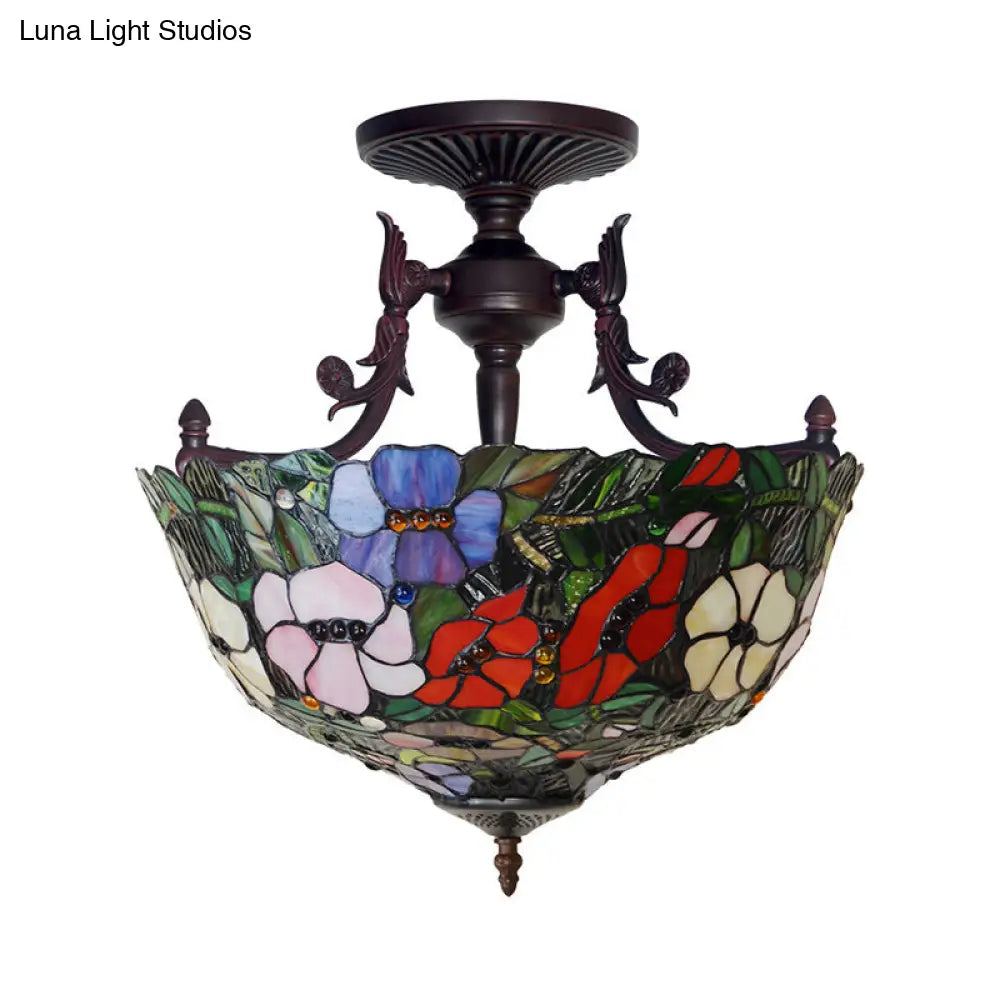 Mediteranean Flower Stained Glass Ceiling Light - 3-Light Semi Flush For Bedroom