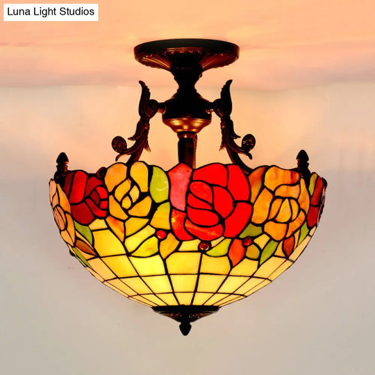 Mediteranean Flower Stained Glass Ceiling Light - 3-Light Semi Flush For Bedroom