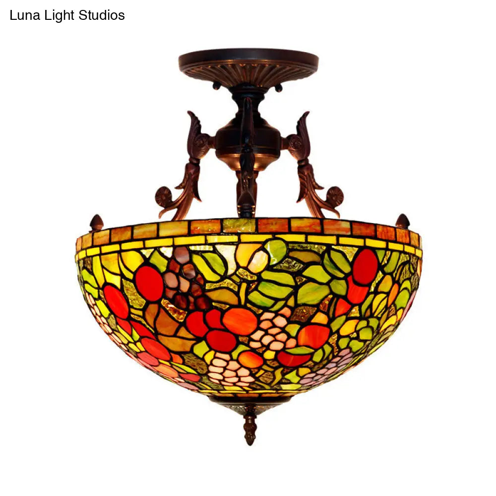 Mediteranean Flower Stained Glass Ceiling Light - 3-Light Semi Flush For Bedroom Green