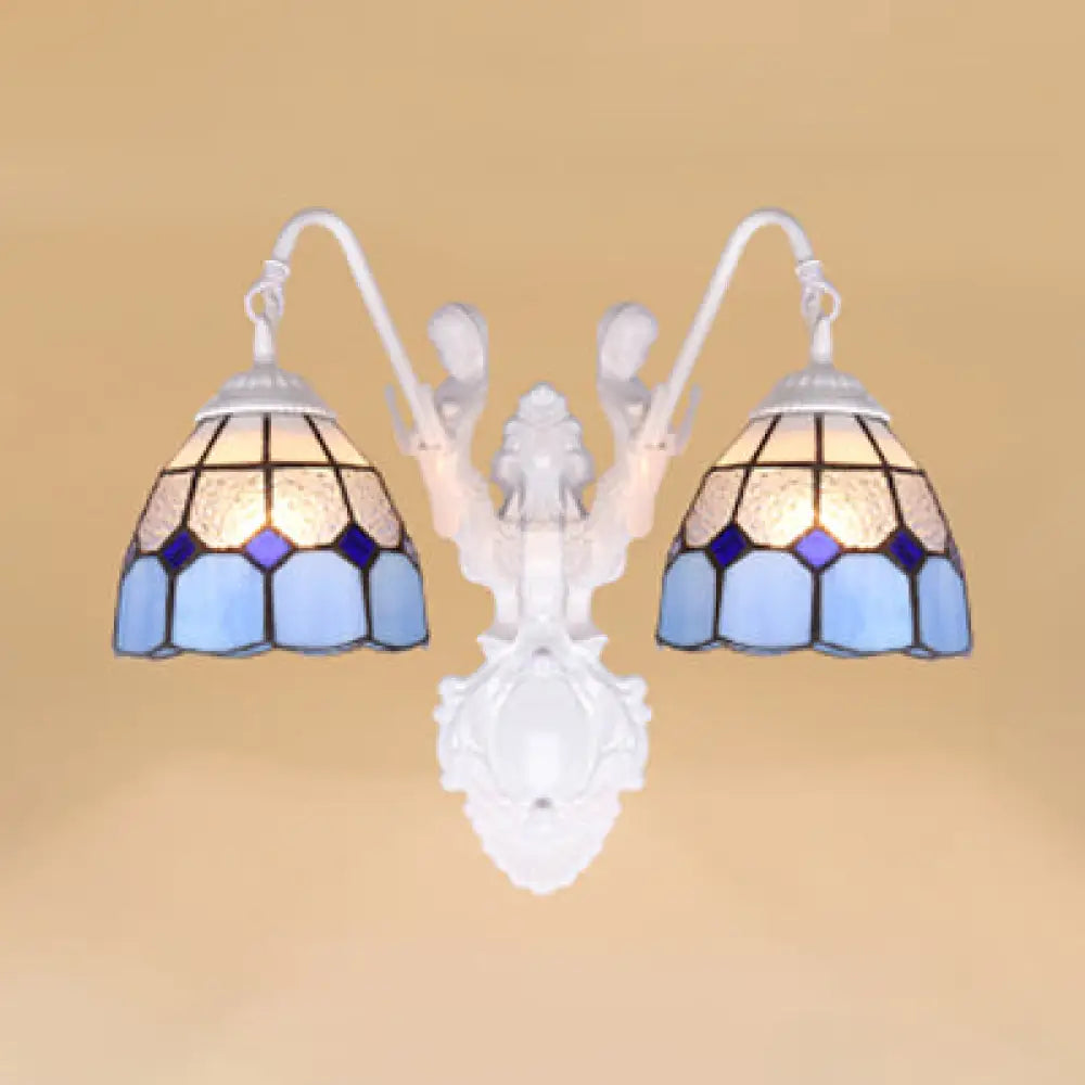 Mediterranean Glass Sconce Light - Grid Pattern Dual Head Design Blue & White Wall-Mounted