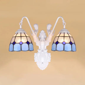 Mediterranean Glass Sconce Light - Grid Pattern Dual Head Design Blue & White Wall-Mounted