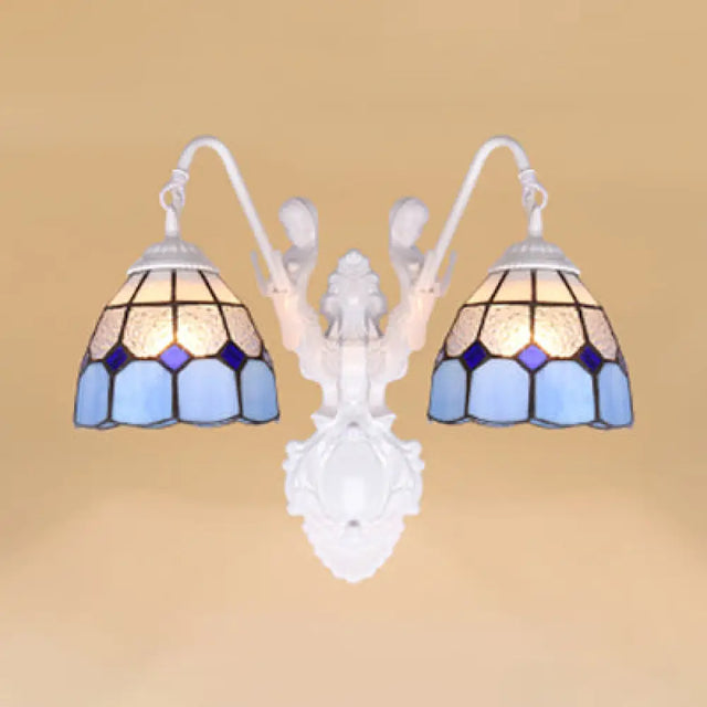 Mediterranean Glass Sconce Light - Grid Pattern Dual Head Design Blue & White Wall-Mounted