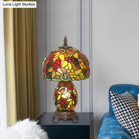 Mediterranean Glass Table Lamp With Grapes Pattern Coffee Hand Cut Night Lighting & Dome Shade