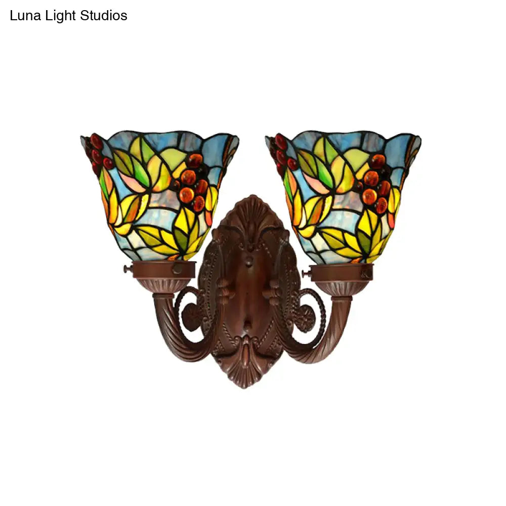 Mediterranean Glass Wall Sconce Lighting Pink/Blue Flared Design With Hand-Cut 2 Heads Fruit Pattern