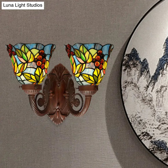 Mediterranean Glass Wall Sconce Lighting Pink/Blue Flared Design With Hand-Cut 2 Heads Fruit Pattern
