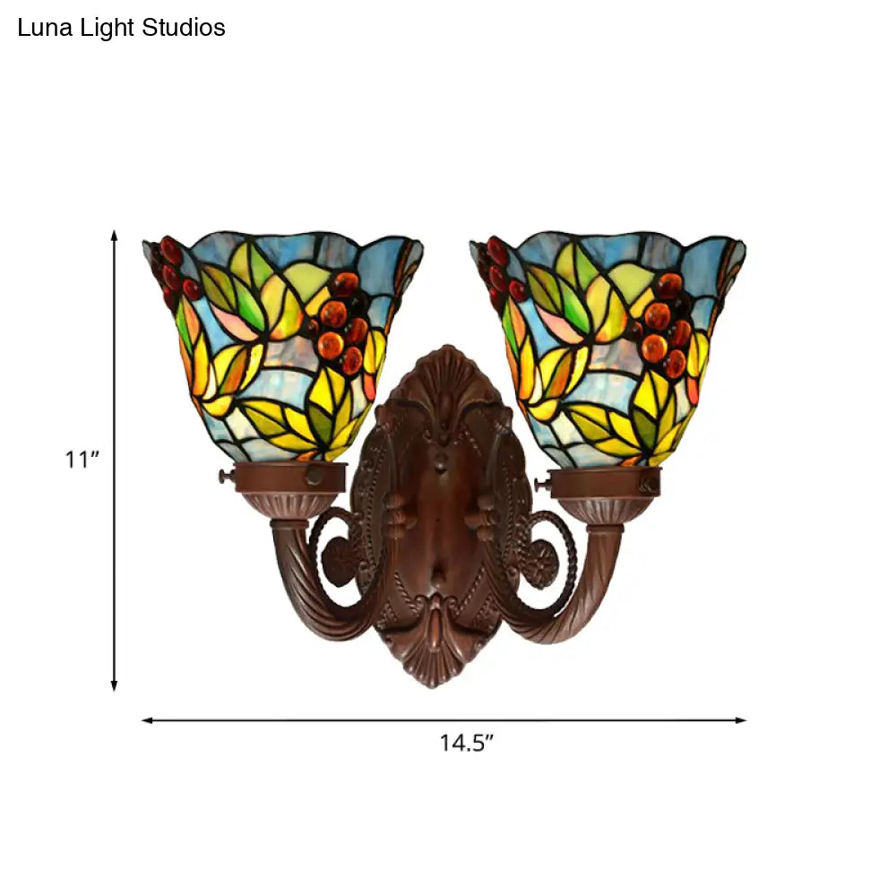 Mediterranean Glass Wall Sconce Lighting Pink/Blue Flared Design With Hand-Cut 2 Heads Fruit Pattern