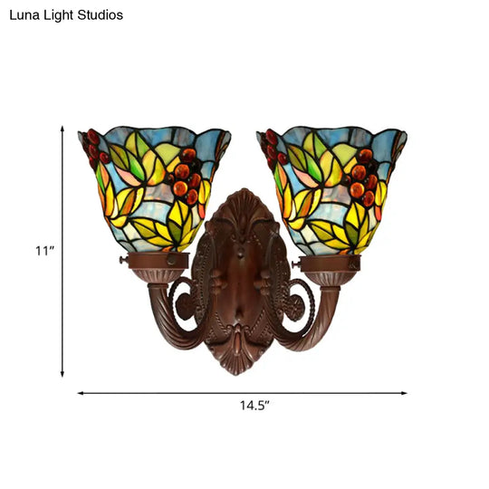 Mediterranean Glass Wall Sconce Lighting Pink/Blue Flared Design With Hand-Cut 2 Heads Fruit Pattern