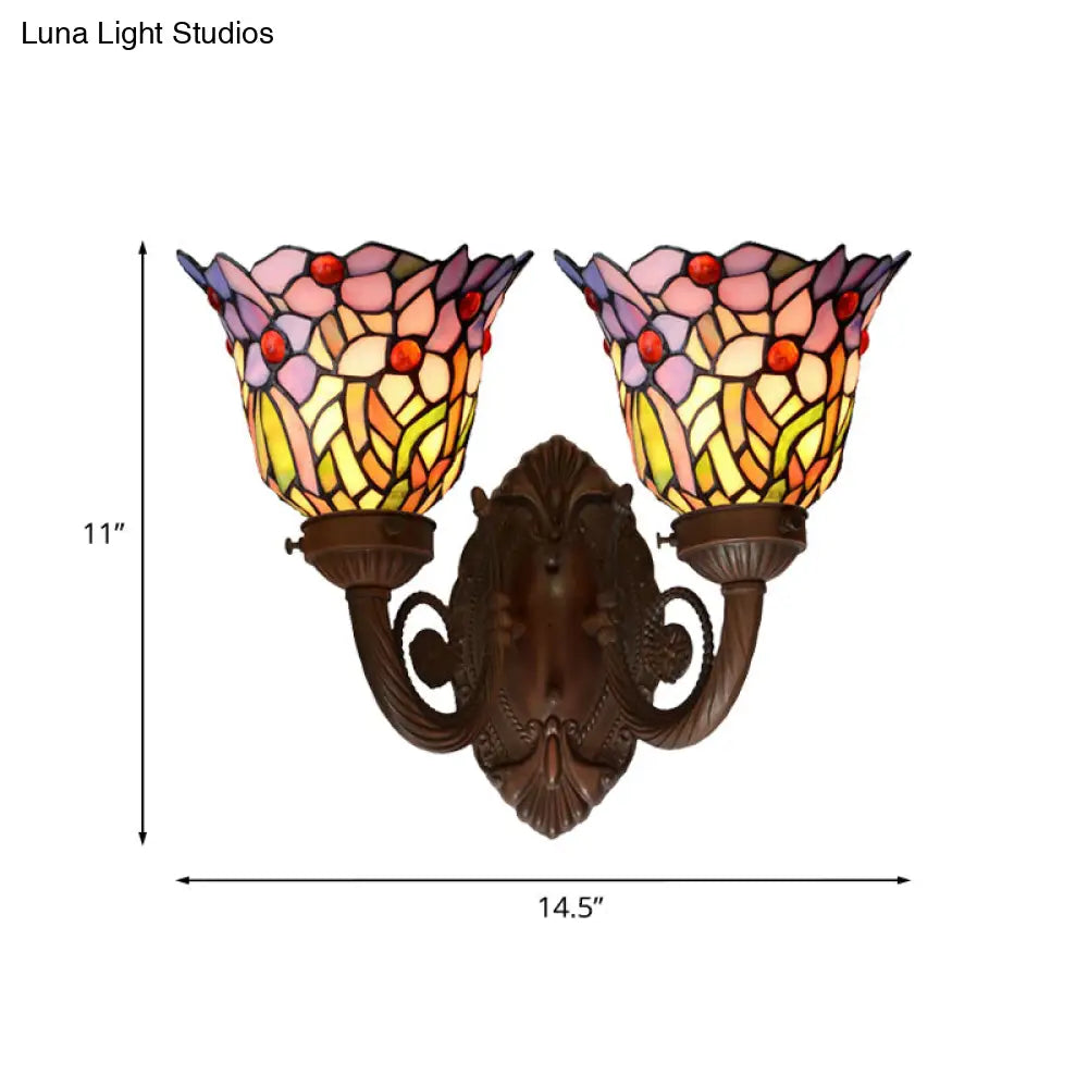 Mediterranean Glass Wall Sconce Lighting Pink/Blue Flared Design With Hand-Cut 2 Heads Fruit Pattern