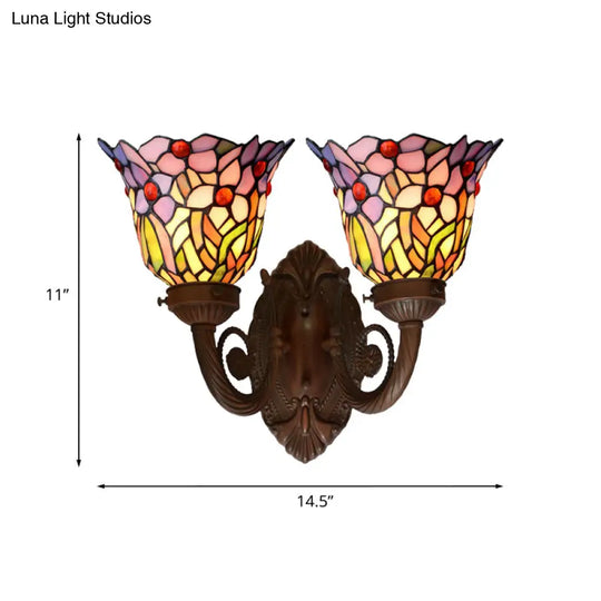 Mediterranean Glass Wall Sconce Lighting Pink/Blue Flared Design With Hand-Cut 2 Heads Fruit Pattern
