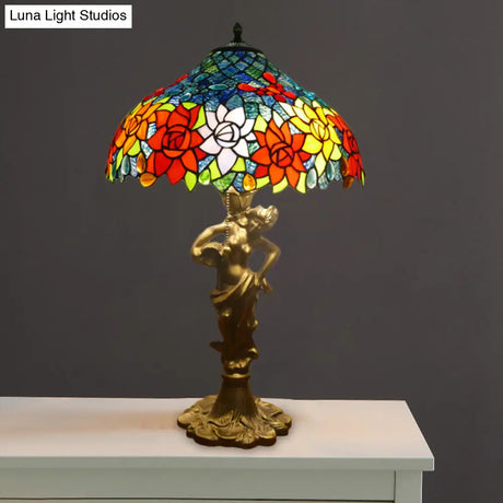 Mediterranean Gold Bowl Night Lamp With Stunning Naked Woman Base - 3 Lights And Cut Glass Pull