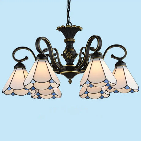 Mediterranean Hand Cut Glass Chandelier With 6 Conical Hanging Lamps & Scalloped Edges White