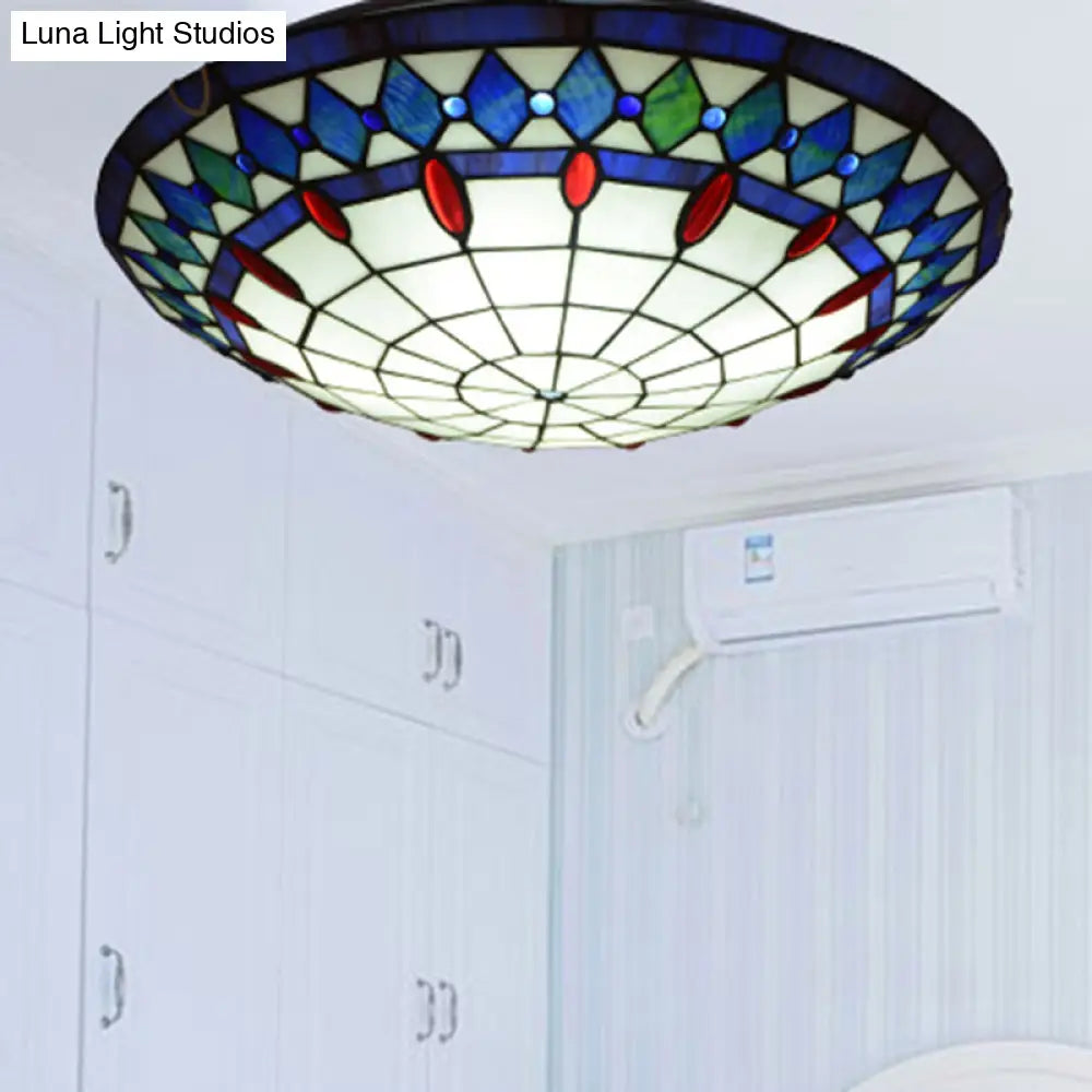 Mediterranean Jeweled Round Ceiling Light - Handcrafted Glass Fixture For Bedroom