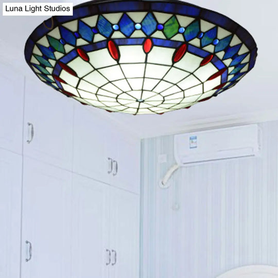 Mediterranean Jeweled Round Ceiling Light - Handcrafted Glass Fixture For Bedroom