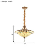 Mediterranean Led Bowl Chandelier - White Cut Glass Suspension Pendant With Crystal Droplet