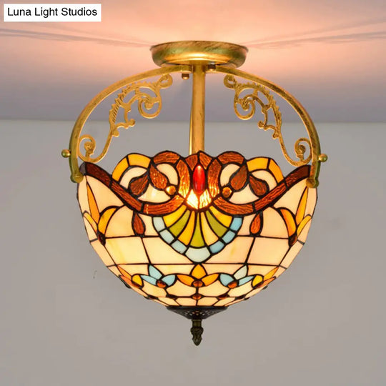 Mediterranean Petal Stained Glass Semi Flush Mount Ceiling Lamp 2 Lights Yellow/Brown/Blue - Ideal