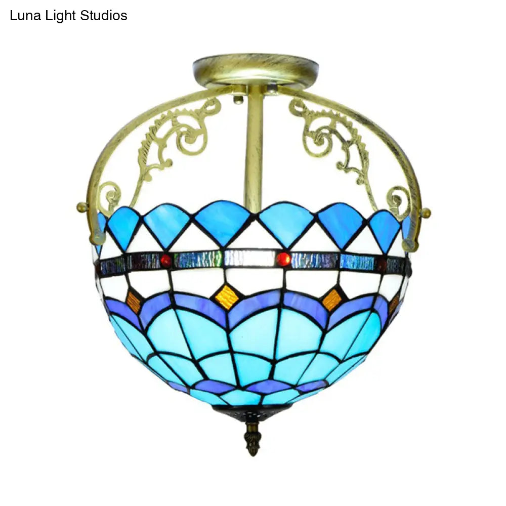 Mediterranean Petal Stained Glass Semi Flush Mount Ceiling Lamp 2 Lights Yellow/Brown/Blue - Ideal