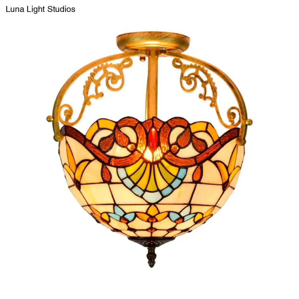 Mediterranean Petal Stained Glass Semi Flush Mount Ceiling Lamp 2 Lights Yellow/Brown/Blue - Ideal