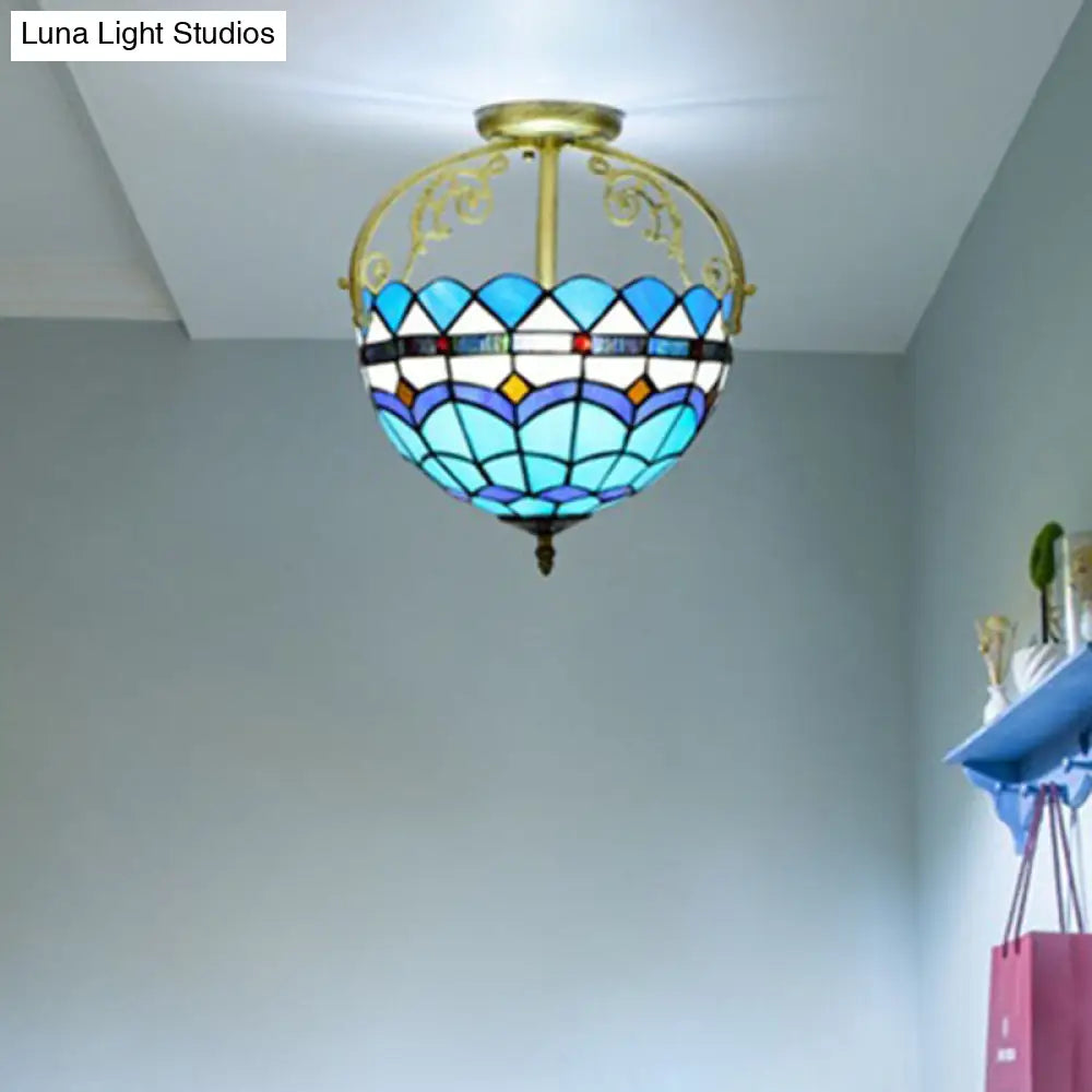 Mediterranean Petal Stained Glass Semi Flush Mount Ceiling Lamp 2 Lights Yellow/Brown/Blue - Ideal
