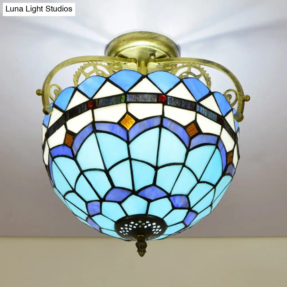 Mediterranean Petal Stained Glass Semi Flush Mount Ceiling Lamp 2 Lights Yellow/Brown/Blue - Ideal